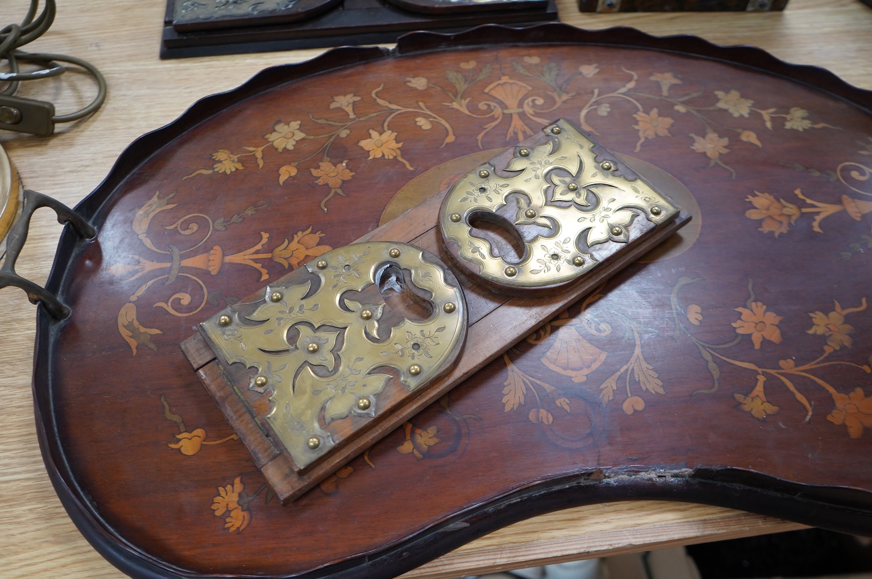 A Victorian domed scent bottle casket, two brass mounted book slides and a marquetry tray, 68cm